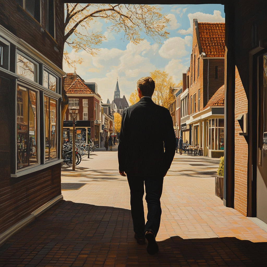 Ondernemer loopt in de stad